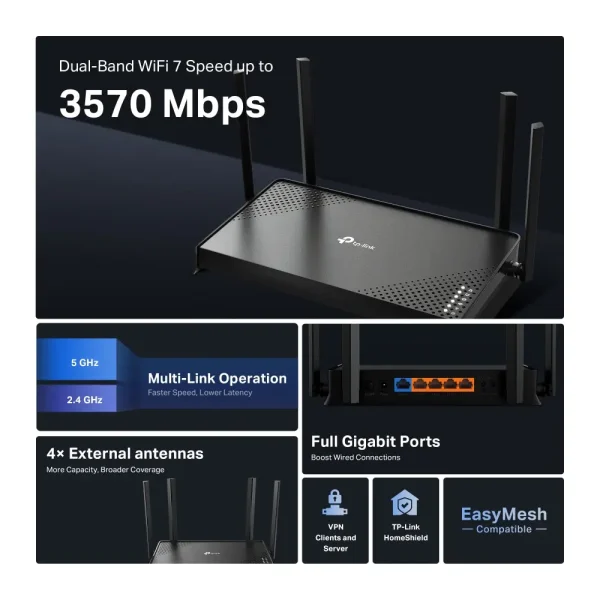 TP-Link Archer BE220, BE3600 Dual-Band Wi-Fi 7 Router